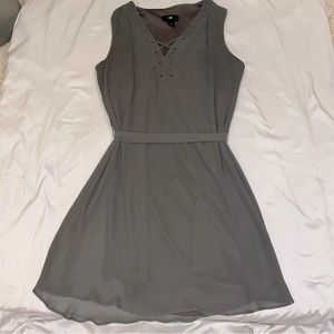 Olive Green Criss Cross Neckline Dress with Waist Ribbon